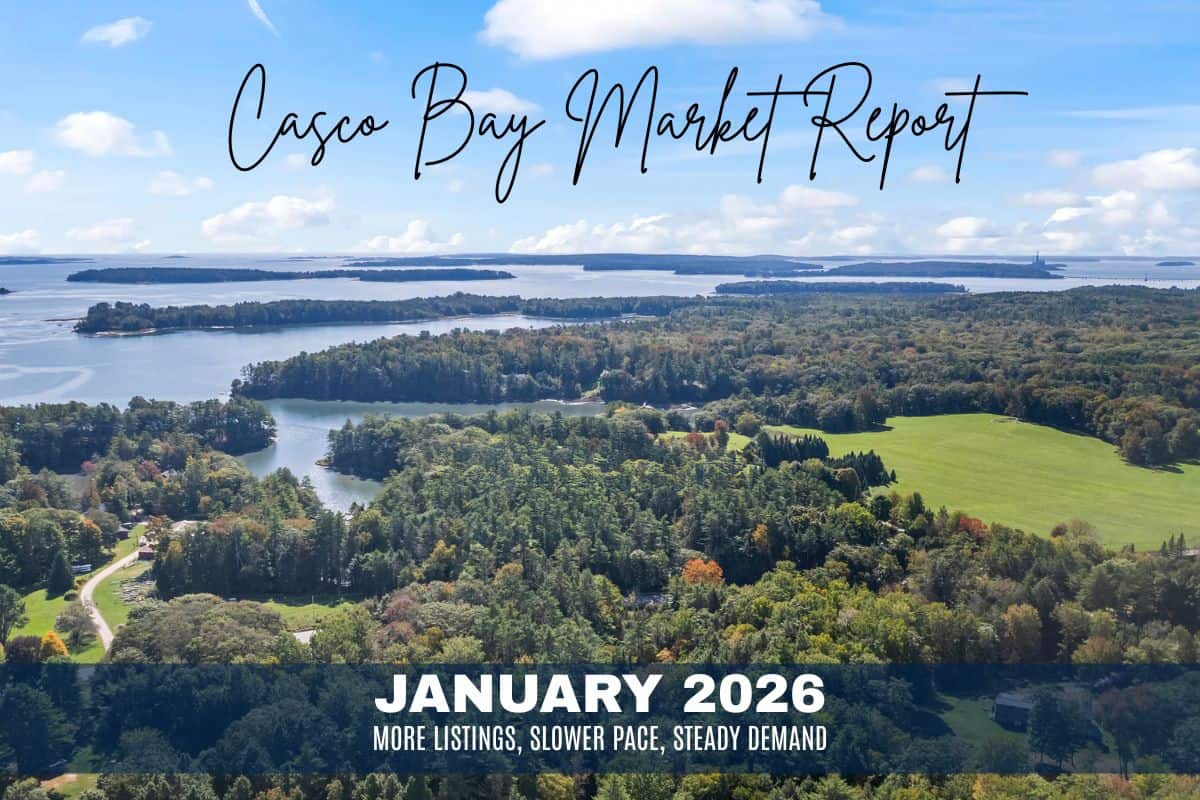 Aerial view of Casco Bay coastline in Freeport Maine January 2026 real estate market report