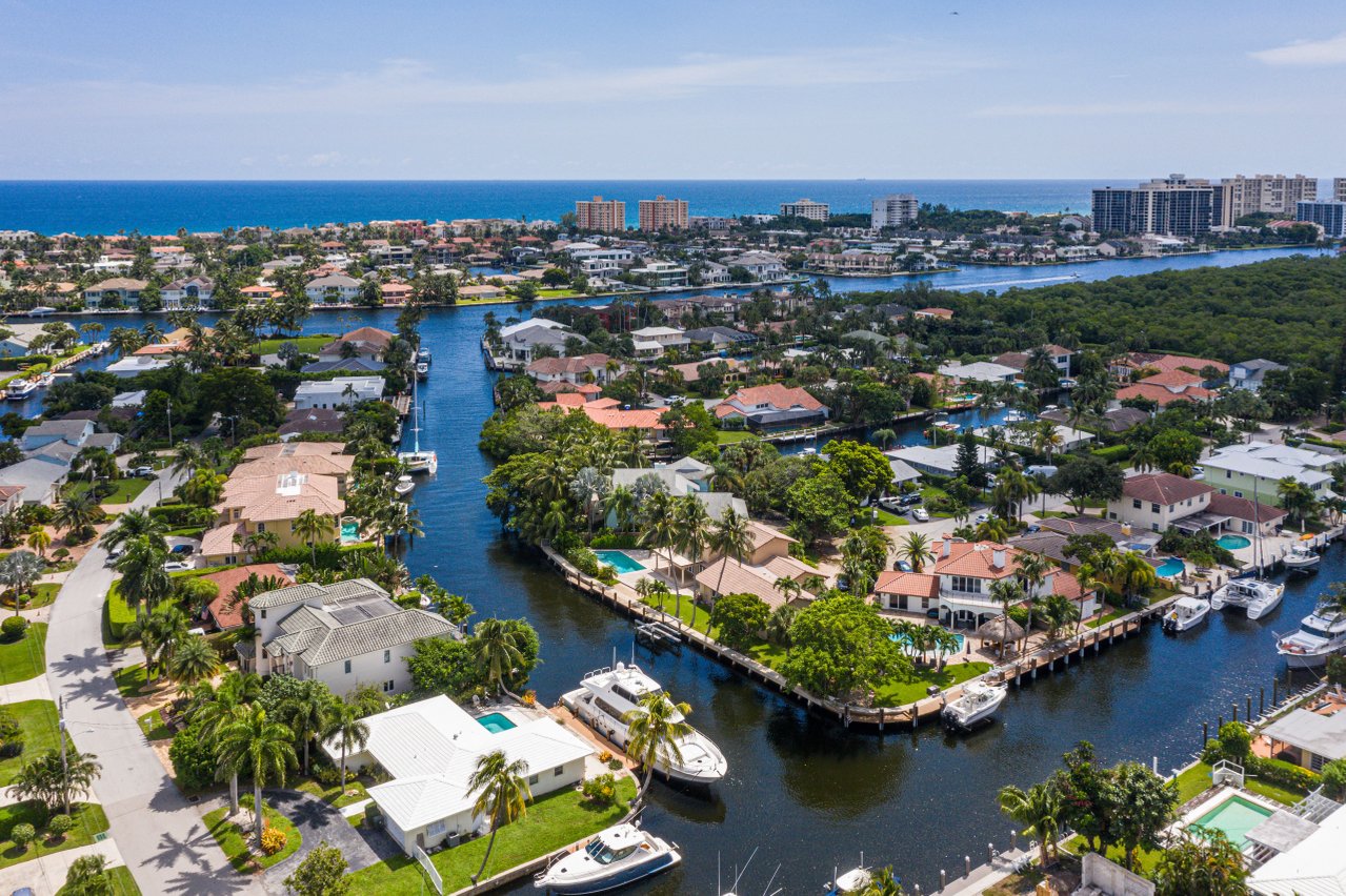 Boca Raton waterfront homes and private docks with the Atlantic Ocean beyond