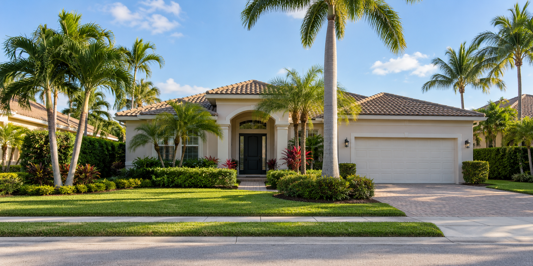 Sunny Boca Raton residence framed by palm trees and tropical landscaping