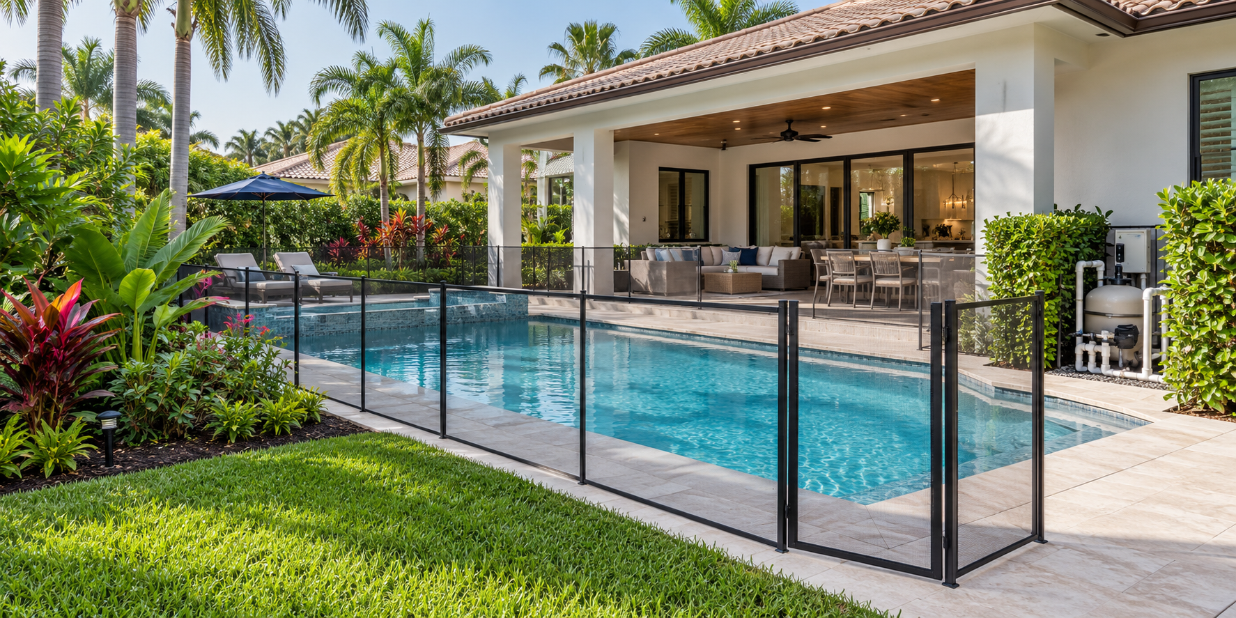 Boca Raton pool home with clear water, safety fence and tropical landscaping