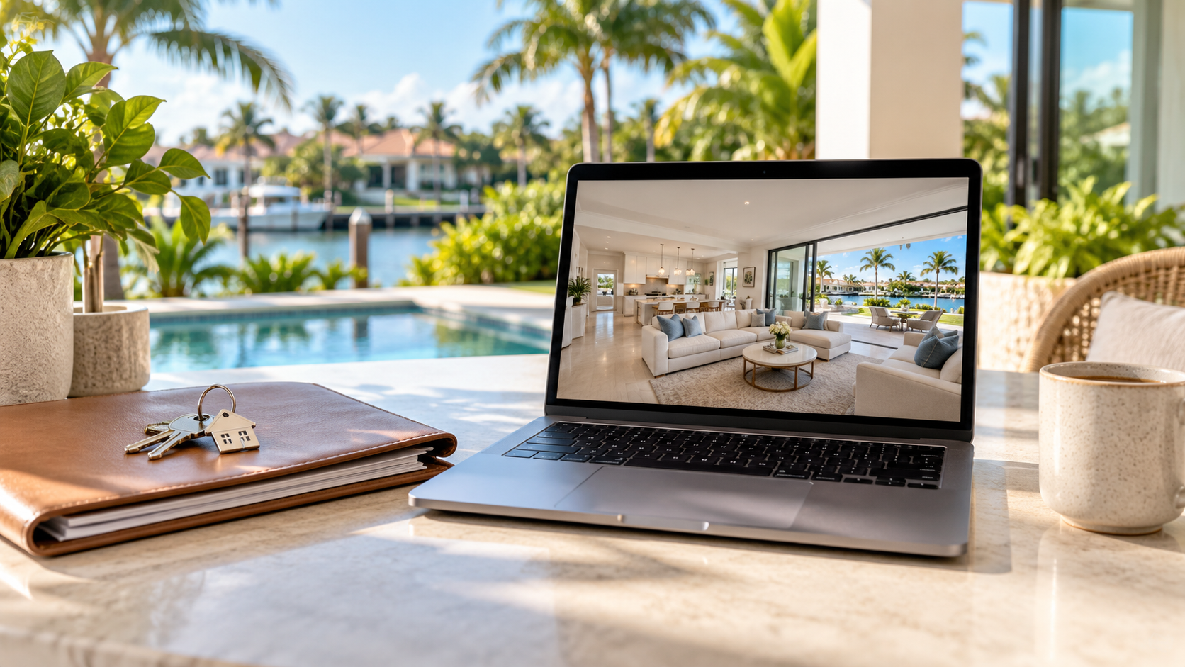 Laptop showing a virtual tour of a Boca Raton home beside moving documents