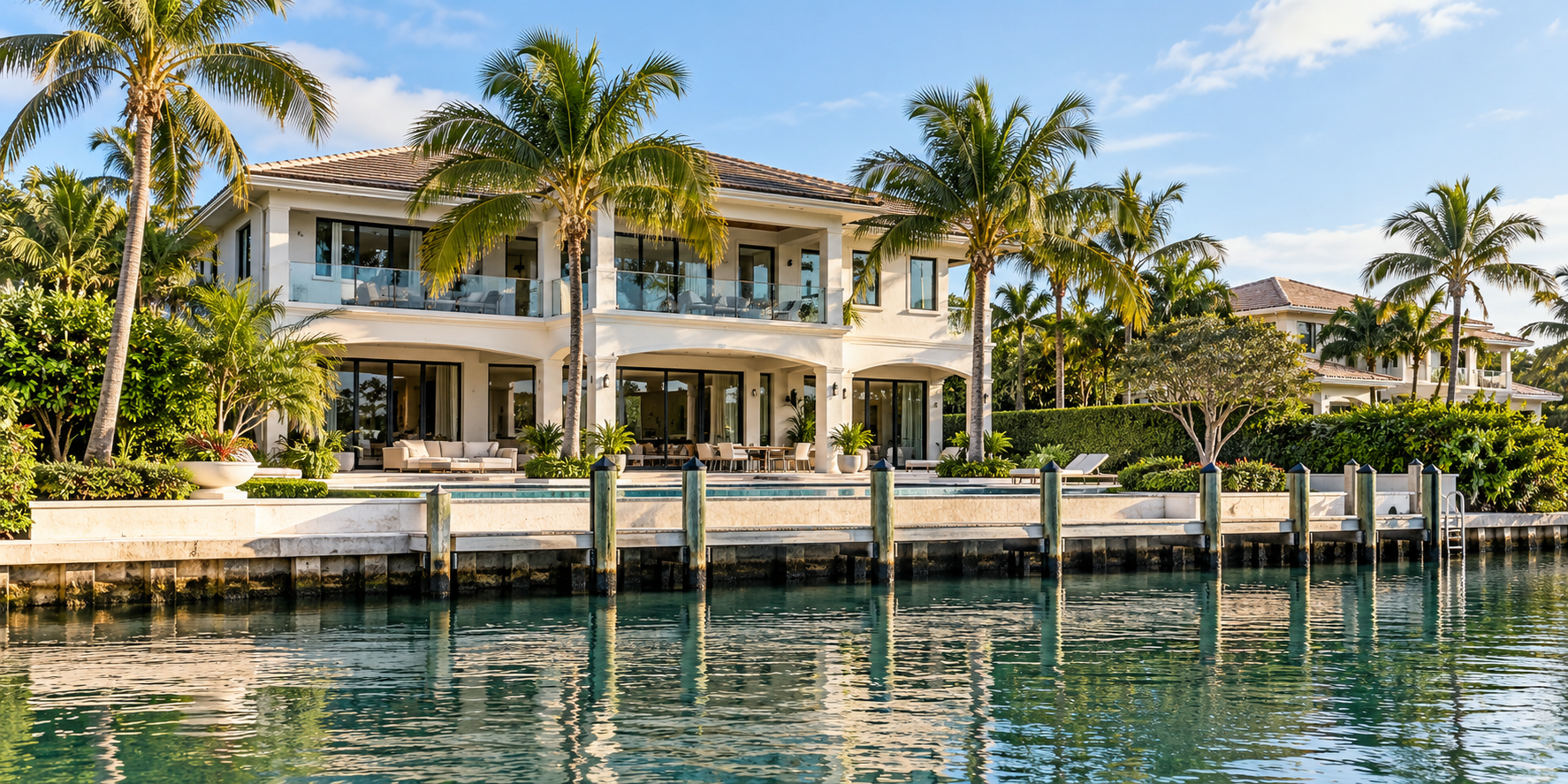 Boca Raton waterfront home with dock and seawall along a canal