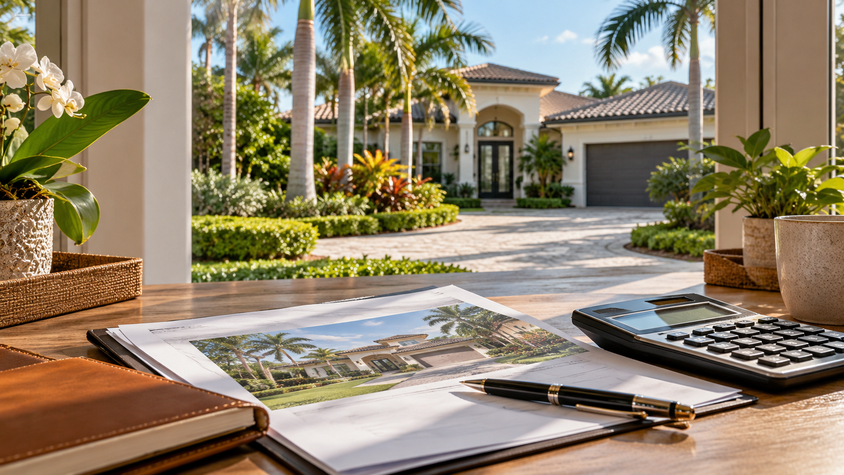 Boca Raton home with a property document and calculator on a sunlit desk