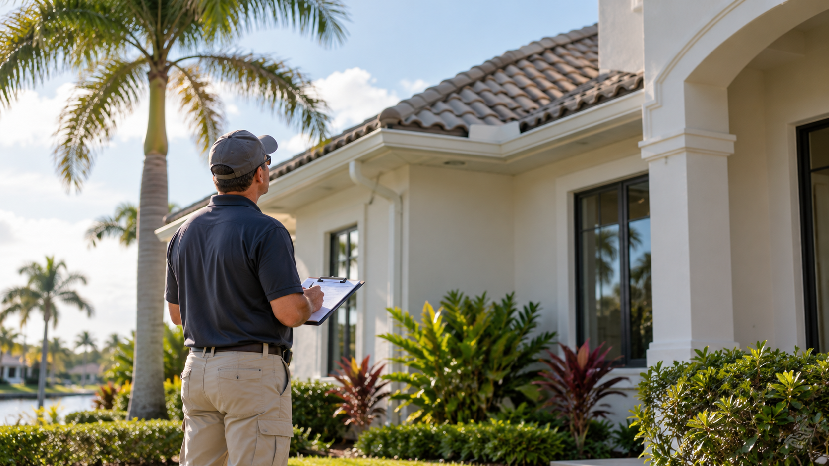 Home inspector examining a Florida house roof and exterior with a clipboard