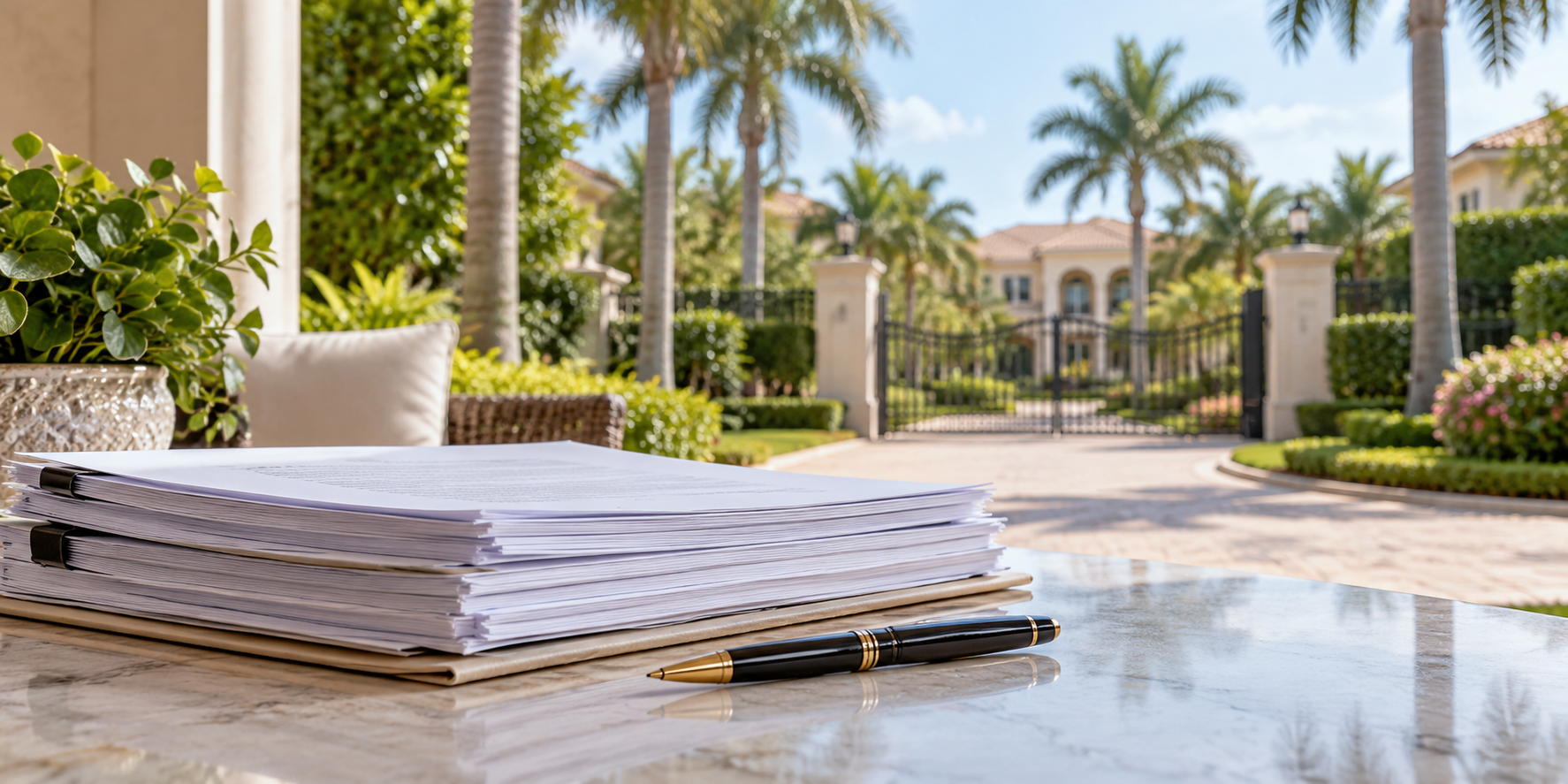 Boca Raton HOA documents and a pen on a table in a gated community