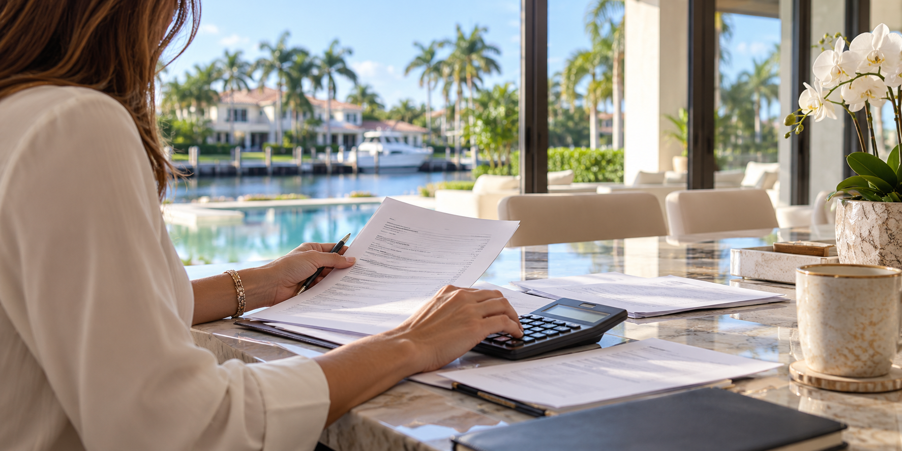 Boca Raton homebuyer reviewing closing documents and a calculator at a bright desk