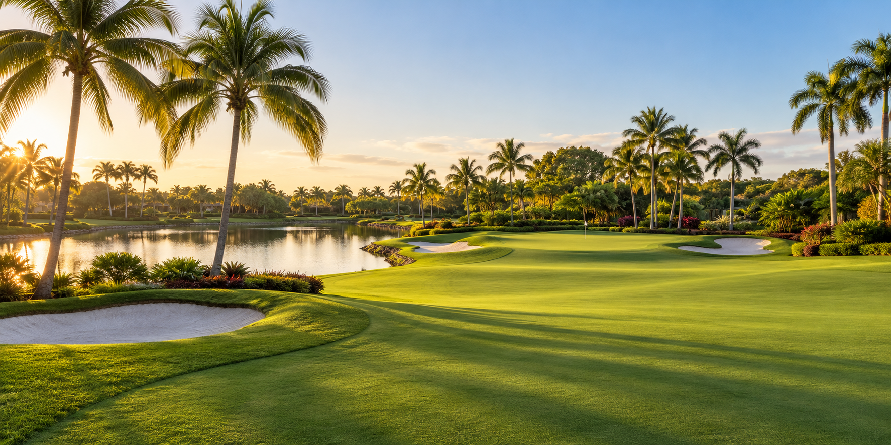 Palm-lined golf course beside a lake at sunset
