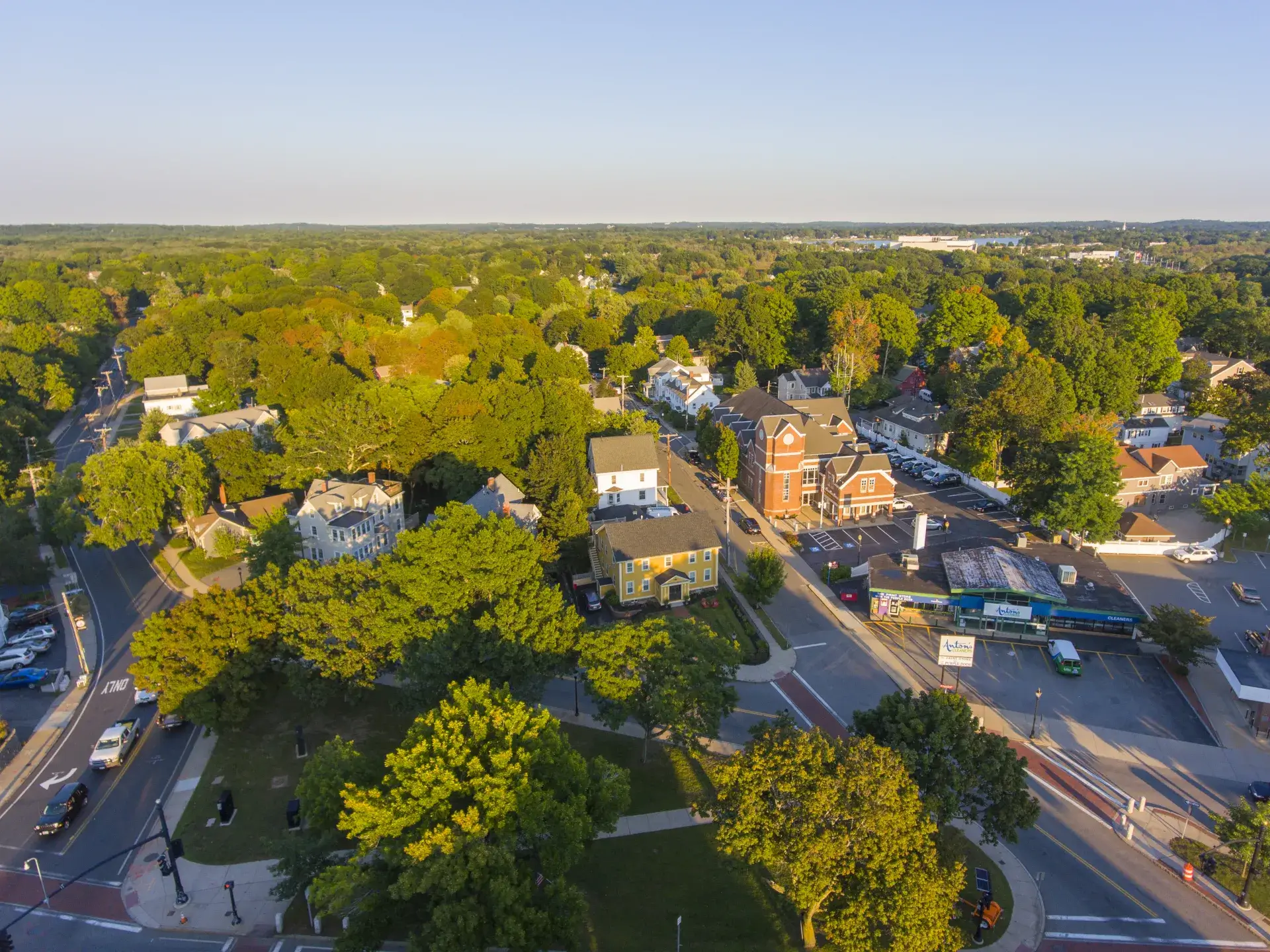 Reading historic town center and town common aerial view, Reading, Massachusetts, MA, USA