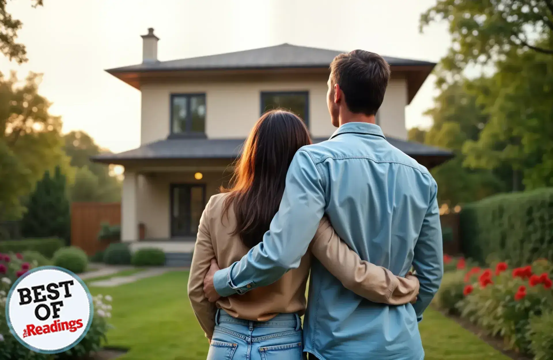 Happy couple stands in front of new house