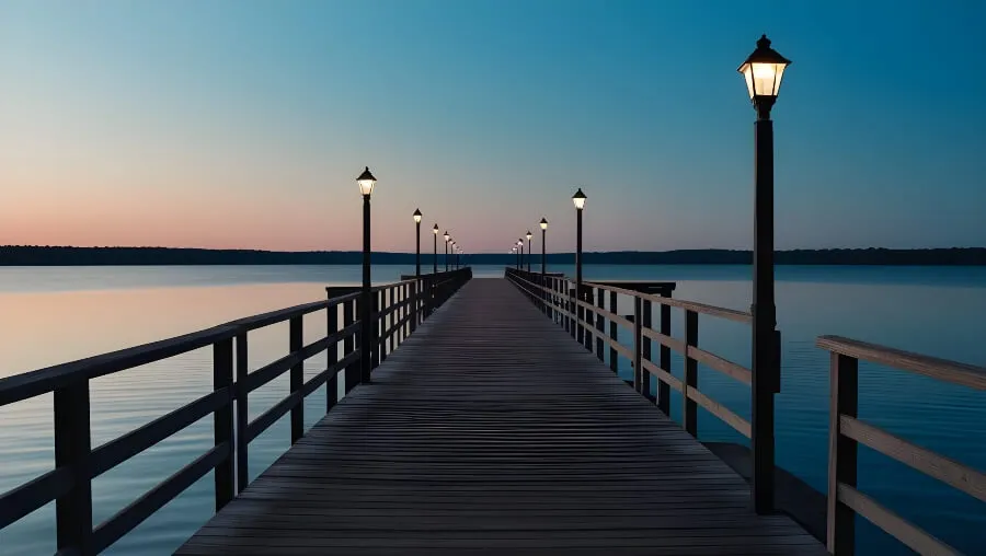 Dock over the Sheepscot River in Edgecomb, Maine, beautiful view at dusk at footbridge on beach