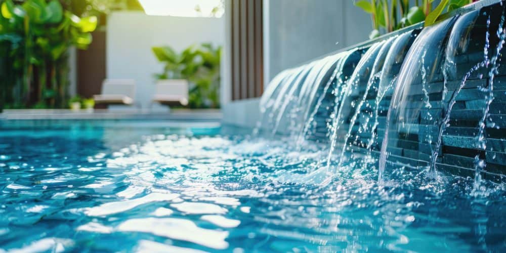Clear blue pool with flowing water feature