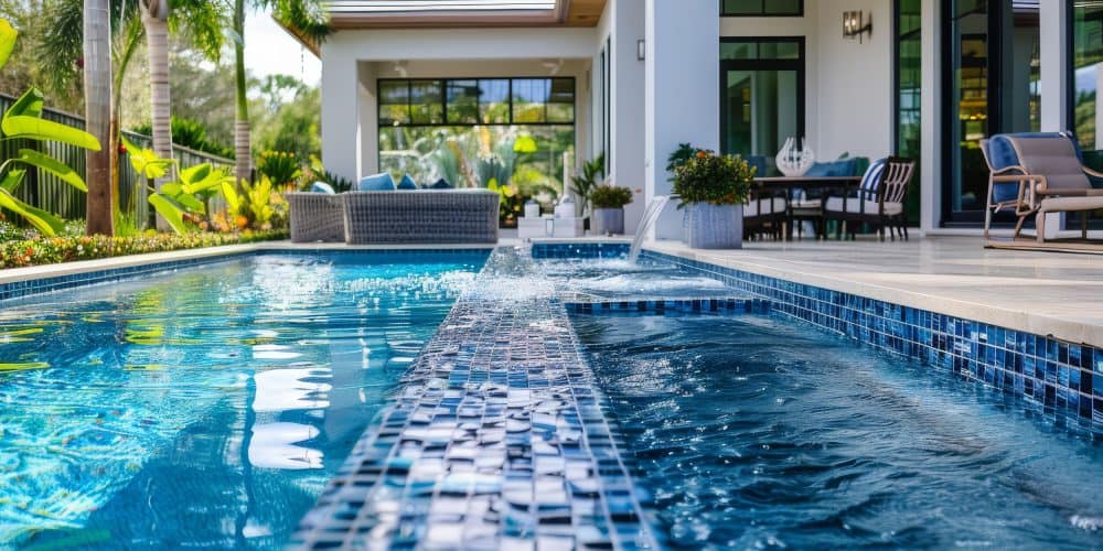 Elegant outdoor swimming pool with blue tiles and a water feature, surrounded by lush landscaping in a beautiful Florida home.