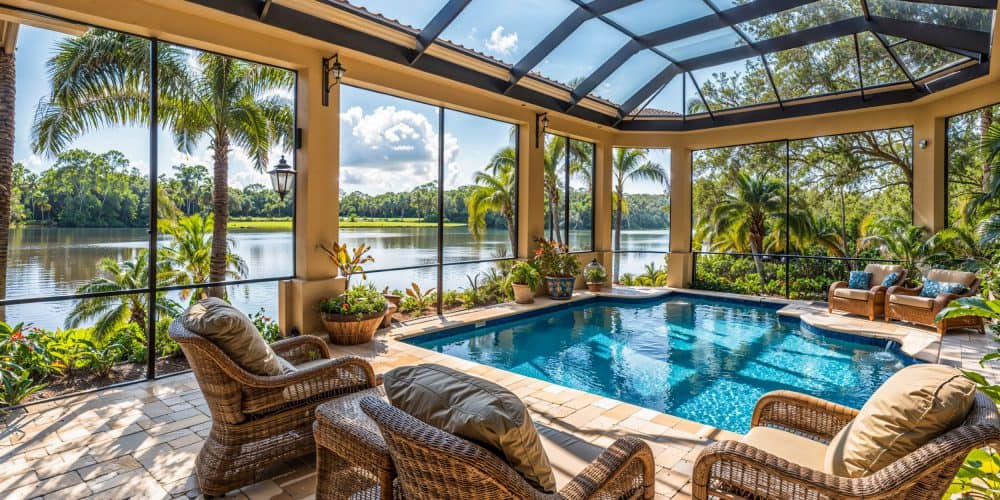 Florida luxury lanai patio on the waterfront with screened in pool, exterior home design