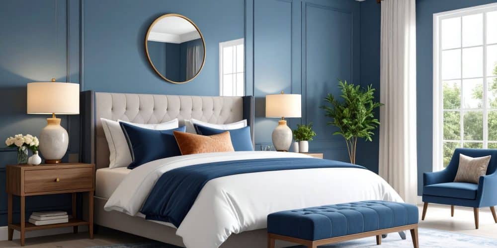 Modern spacious bedroom with navy blue walls and crisp white accents in the drapes and bedding