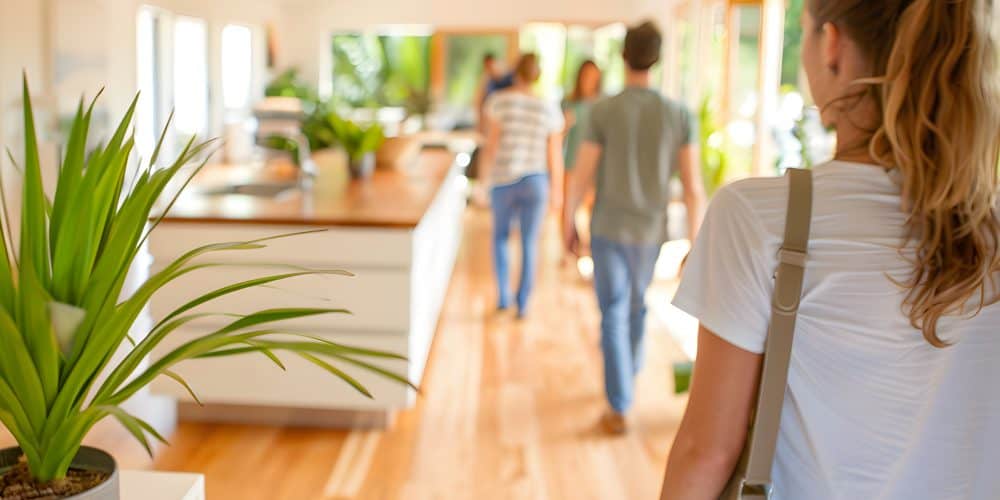 Several people walking down wood floor of kitchen into well-lit living room - open house