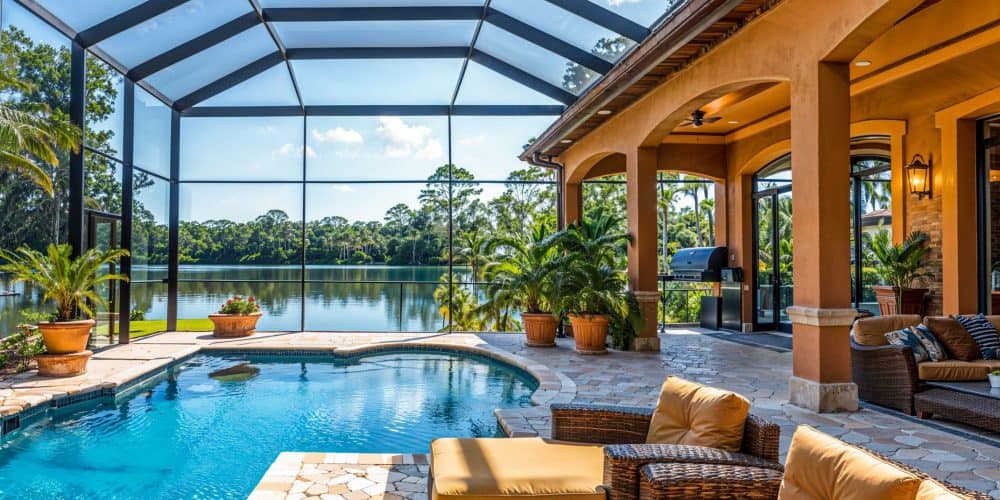 Florida luxury mansion lanai patio on the waterfront with screened in pool, exterior home design