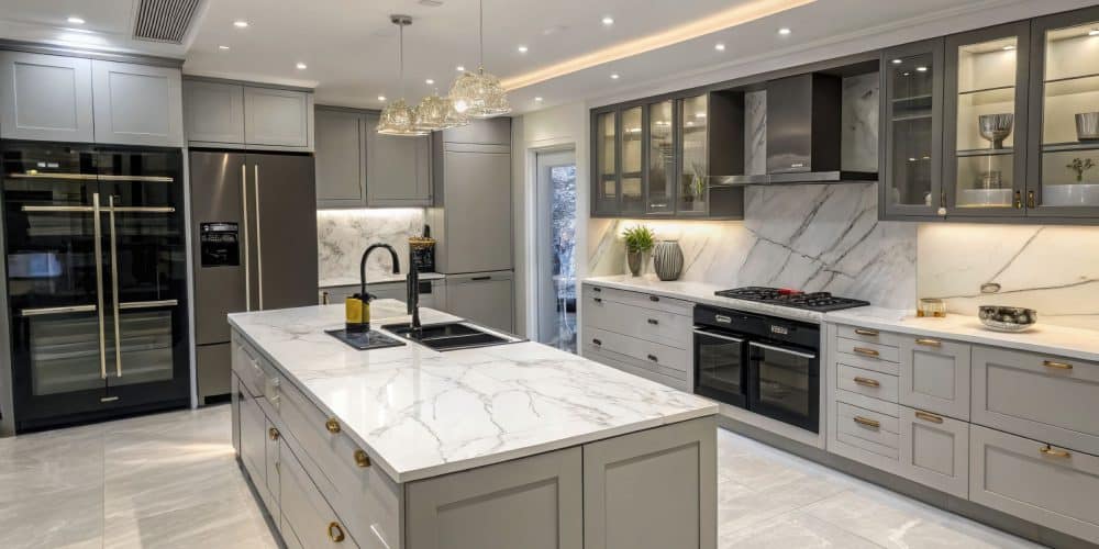 sleek modern kitchen with quartz island white and grey cabinets and stainless steel appliances
