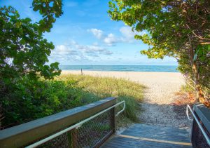 boardwalk to beach with blue water and sky in the distance