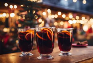 festive drinks on table with lights in background at a nightime festival