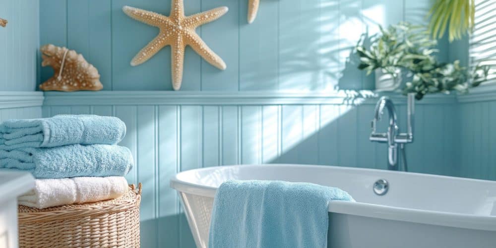 up close image of white bathtub with light blue walls behind it