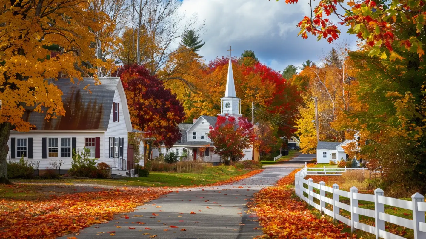 A picturesque New England village in the fall, with vibrant autumn leaves in shades of red