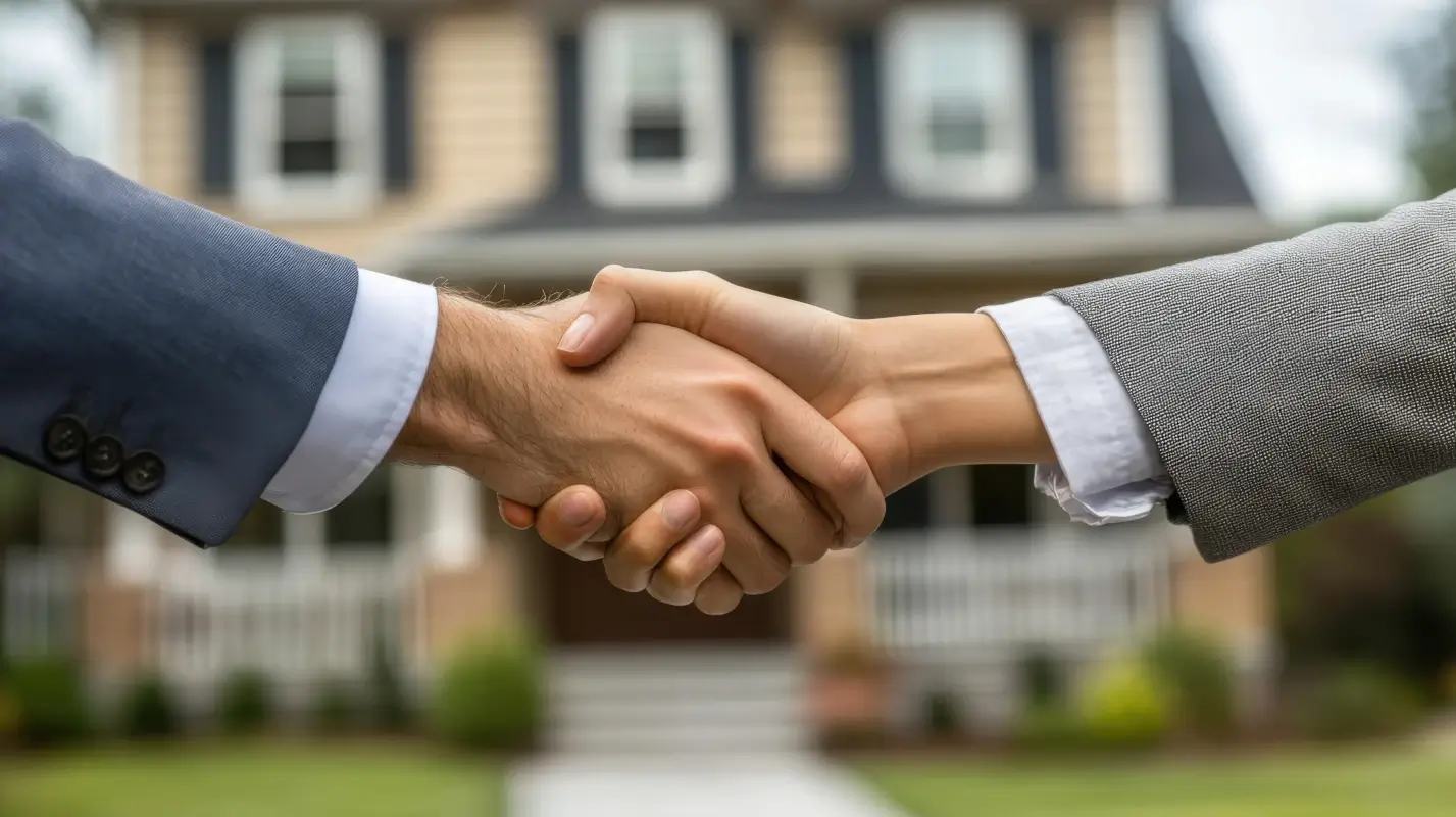Businessmen shaking hands in front of a real estate property