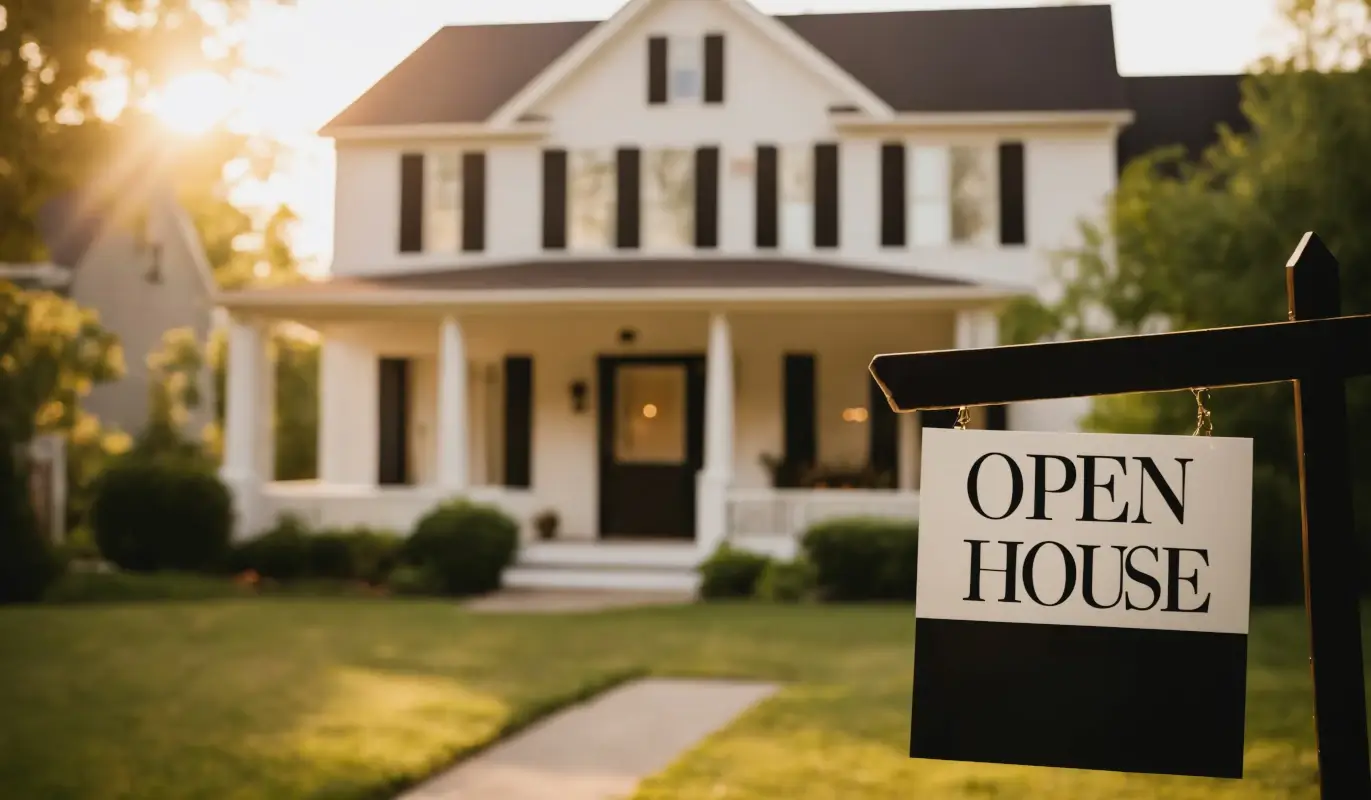 New England home with an open house sign in the yard