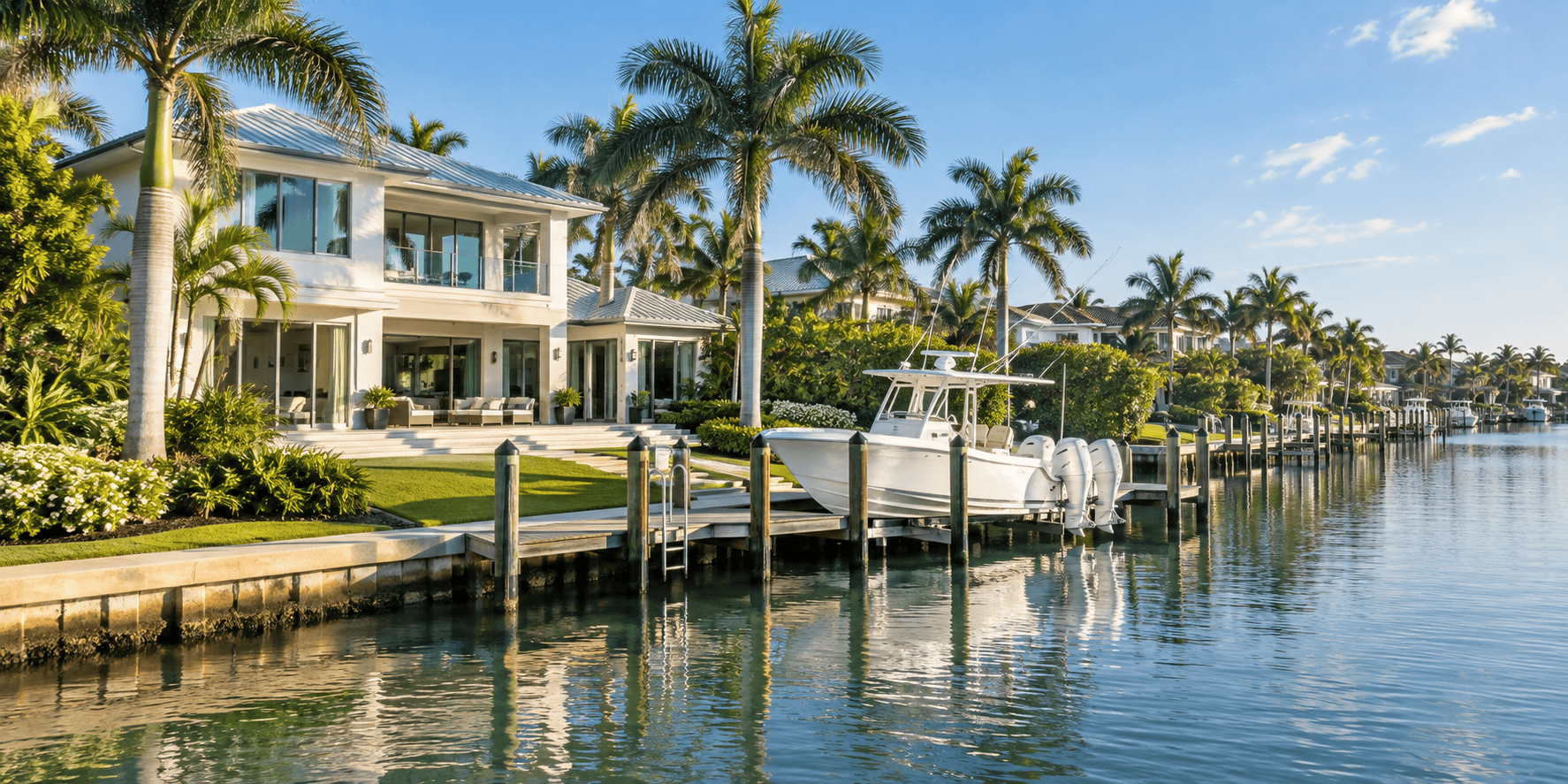 Waterfront home with a private dock and boat in Aqualane Shores, Naples, Florida