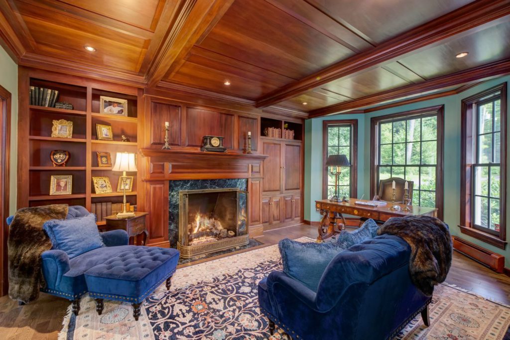 Living room with marble fireplace