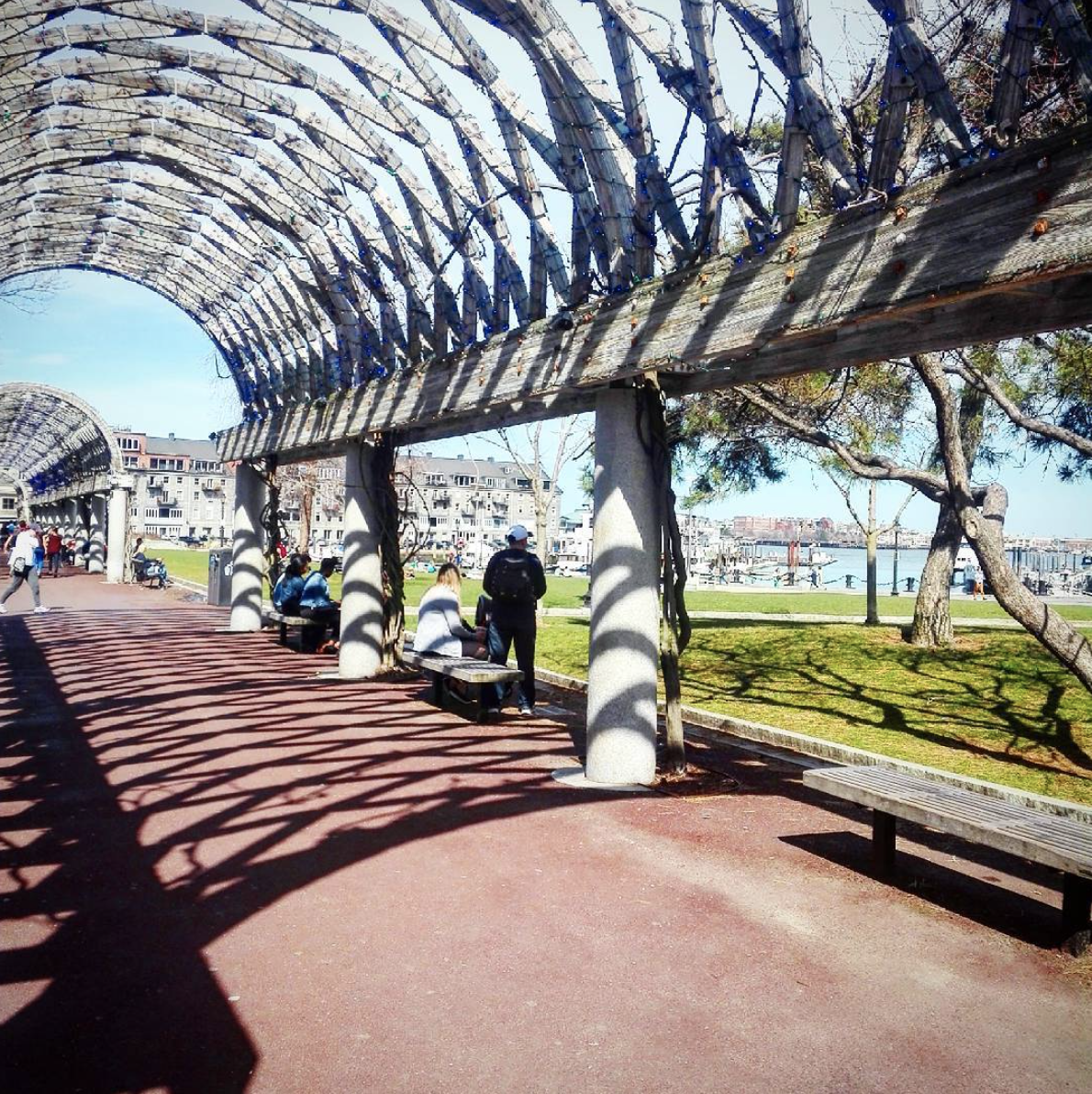 Walkway with benches Image courtesy of Boston Harbor now