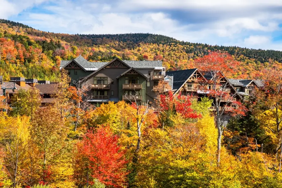 Holiday apartment buildings among colourful trees in a mountain landscape on acloudy autumn day