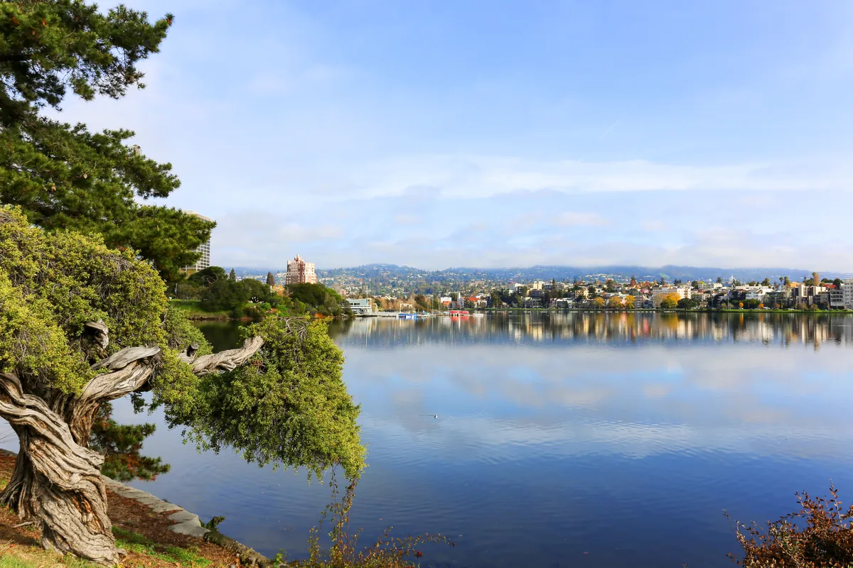 Calm East Bay lake at midday with a neighborhood and rolling hills across the water