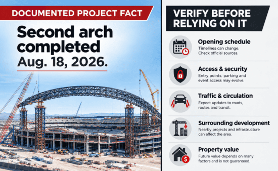 Split infographic distinguishing a completed ballpark construction milestone from real-estate claims that require verification.