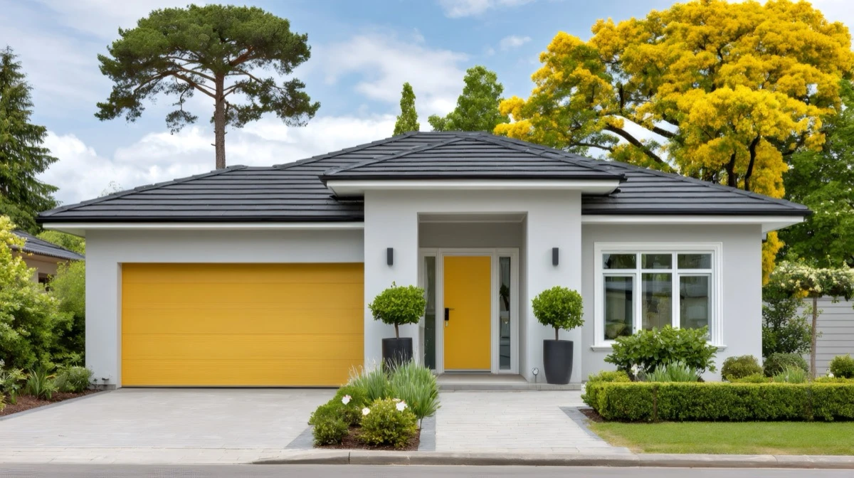 Modern single-family home facade, clean lines, landscaped front