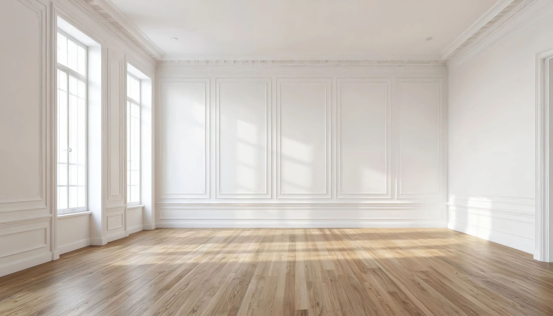 Generic large empty room, warm wood floor, big windows, neutral