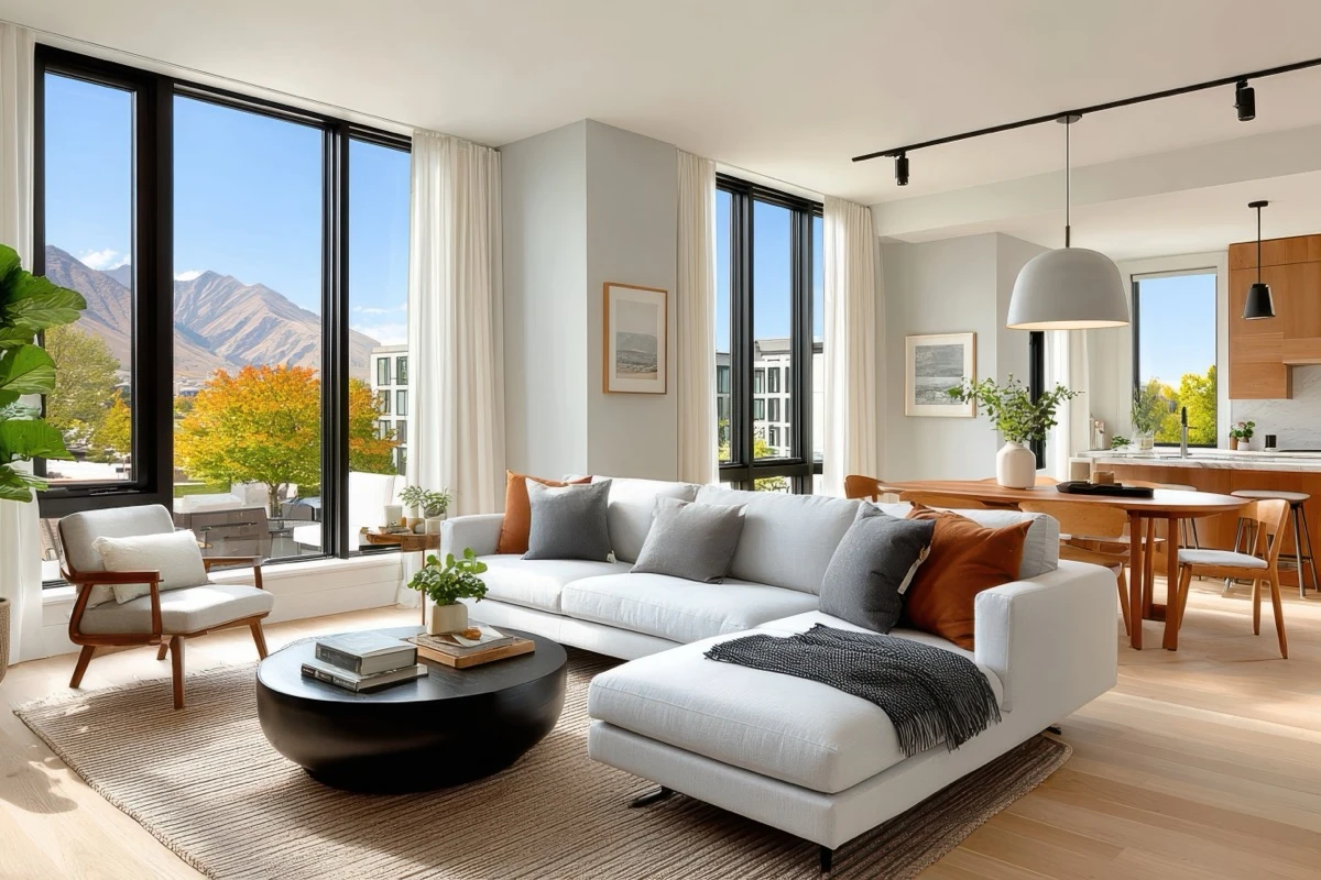 Bright open-plan interior, neutral tones, large windows, natural light