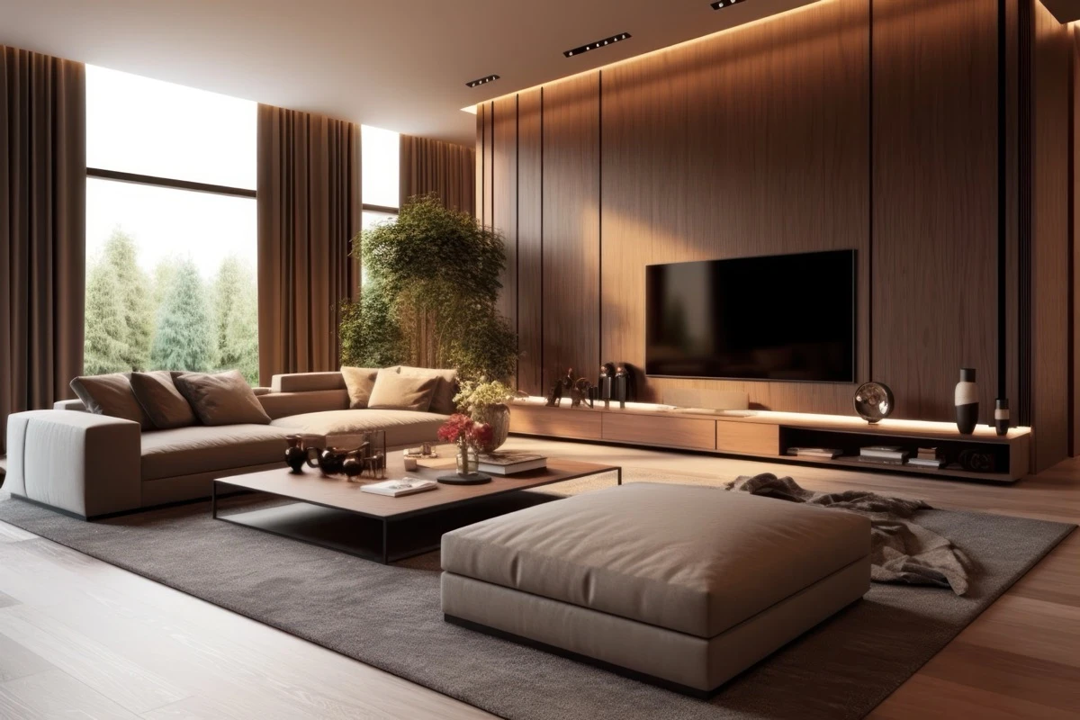 Luxury living room, high ceilings, designer furnishing, statement lighting