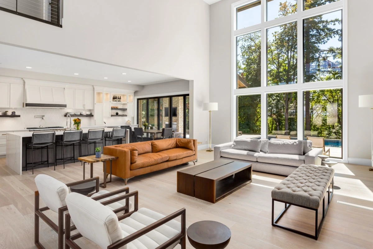 Modern living room, bright, open plan, neutral palette