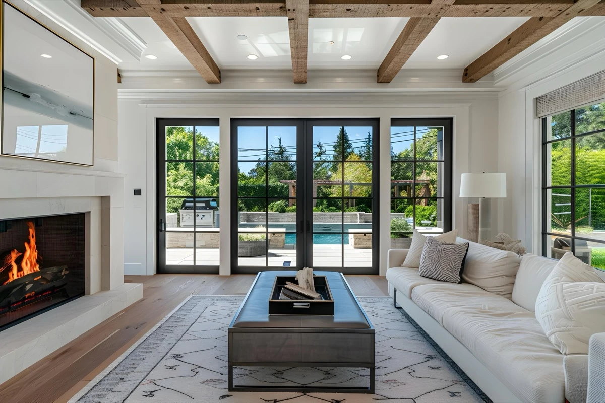 Traditional cozy living room, warm tones, fireplace, comfortable seating