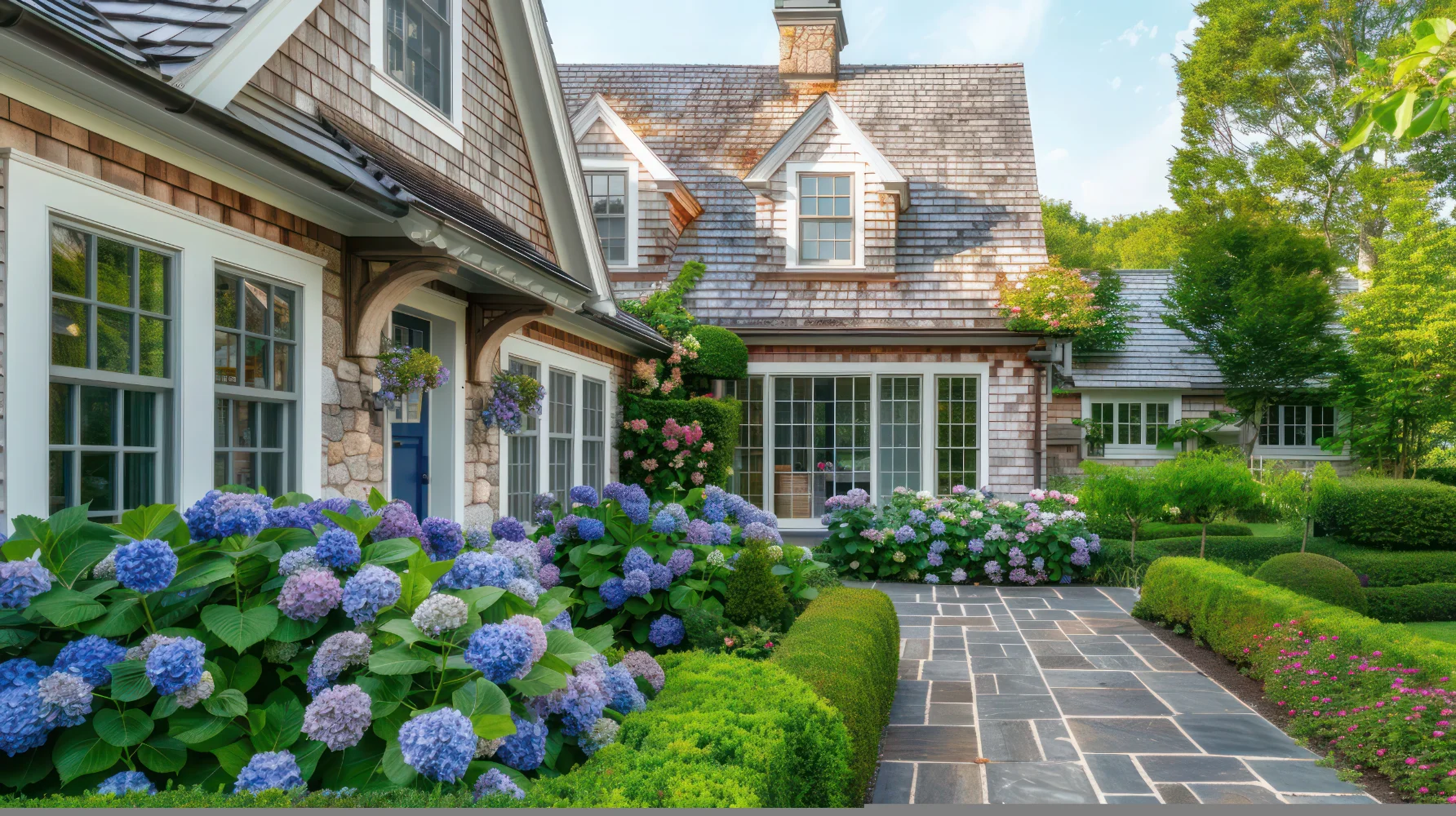 suburban farmhouse with a New England cottage style, featuring a shingled roof and hydrangeas lining the walkway 