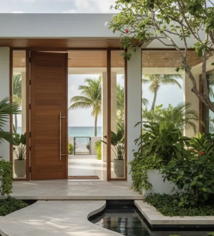 Grand entryway with tall double doors open to a view of turquoise water and tropical palm trees, with warm natural light flooding the interior