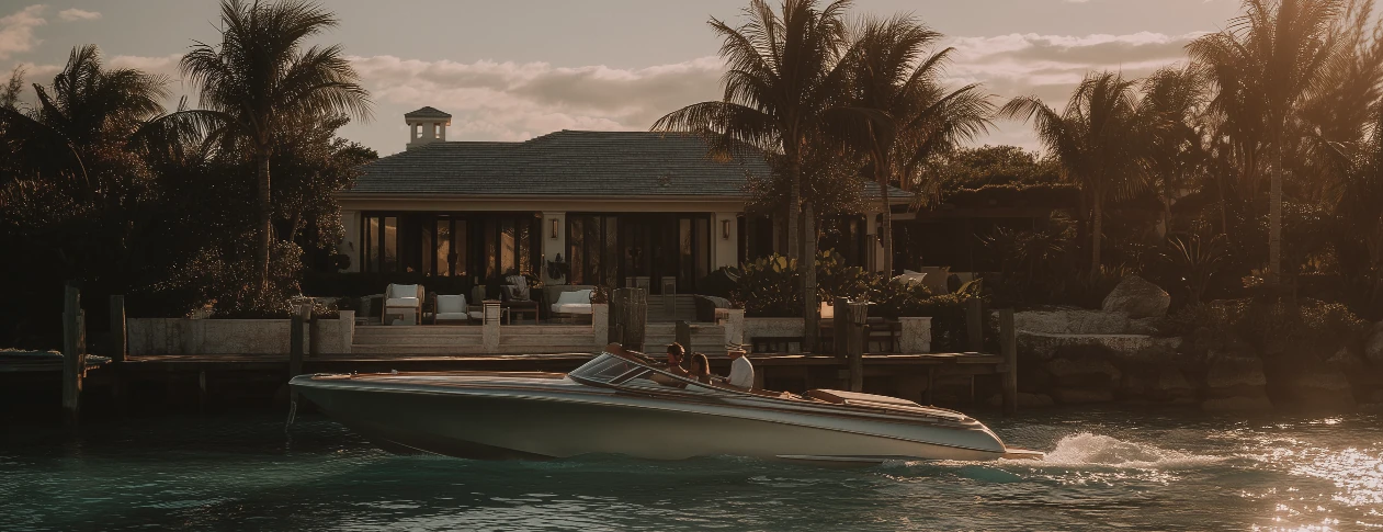 Exterior of a luxury tropical villa at dusk showing a large swimming pool, tall silhouetted palm trees, and a warm sunset sky above lush landscaping