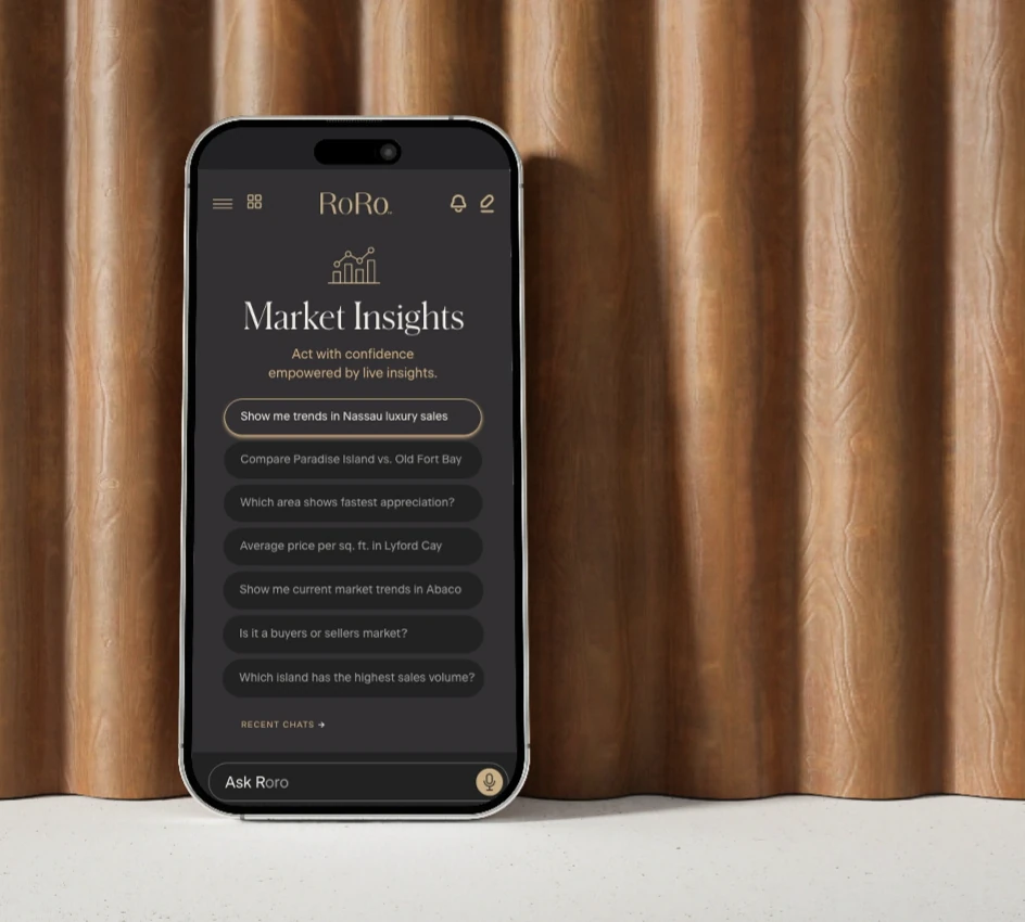 Smartphone displaying the RoRo app with a dark interface showing brokerage intelligence data and metrics