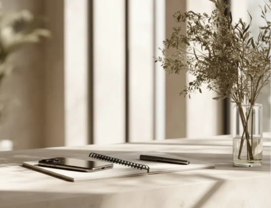 Open spiral notebook, a pen, a smartphone, and a glass vase with dried botanical stems resting on a marble surface in soft warm natural light