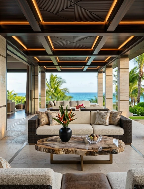 Elegant living room with dark timber ceiling panels, cream furniture, and large glass doors opening to a lit terrace with an ocean view at dusk