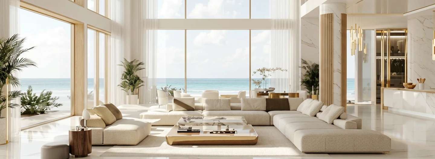 Spacious open-plan luxury living room with high ceilings, cream sofas, large abstract artwork, and natural light from full-length windows
