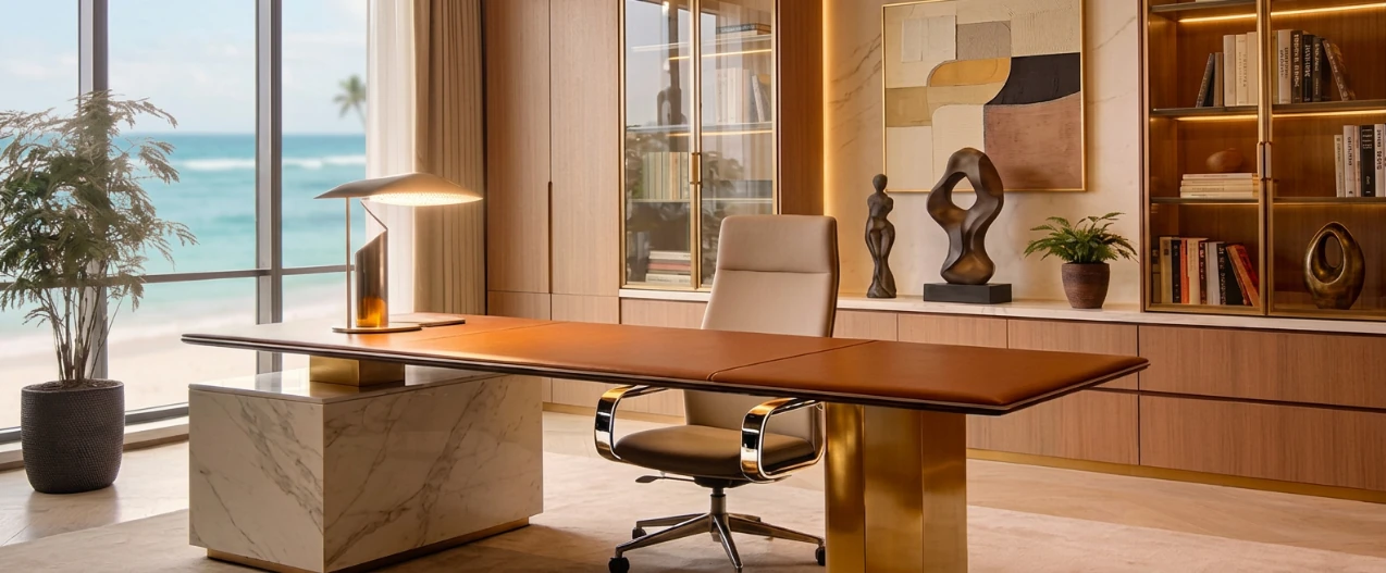 Elegant private office with a large walnut desk, leather executive chair, floor-to-ceiling bookshelves, a large tropical potted plant, and a bright ocean view through full-length windows