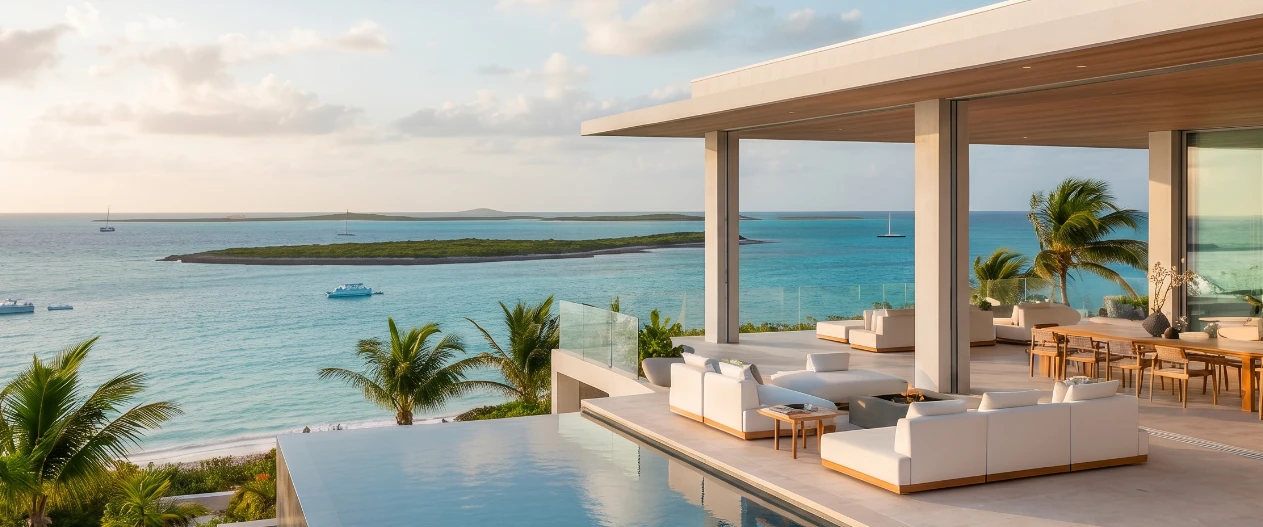 Wide view of a luxury villa with a large infinity pool, white outdoor lounge furniture, tall palm trees, and a panoramic view of calm turquoise ocean water stretching to the horizon