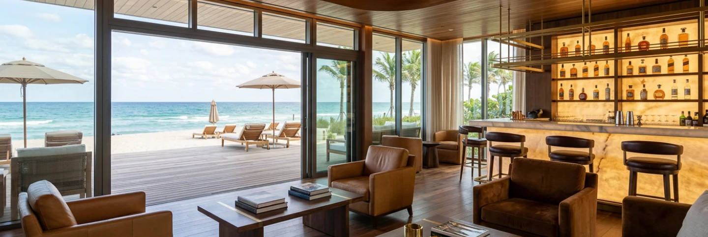Open-plan luxury living and dining space with floor-to-ceiling glass doors opening to a terrace with palm trees and ocean views, and a warm amber-lit bar visible on the right
