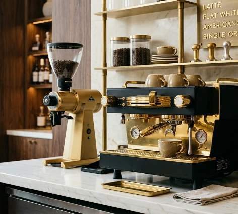 Close-up of a luxury coffee bar with a polished brass espresso machine, dark open shelving lined with glassware, and warm ambient lighting